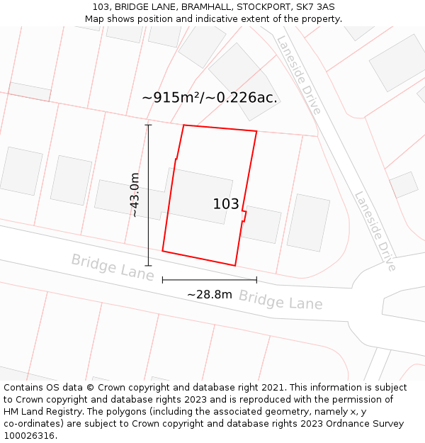 103, BRIDGE LANE, BRAMHALL, STOCKPORT, SK7 3AS: Plot and title map