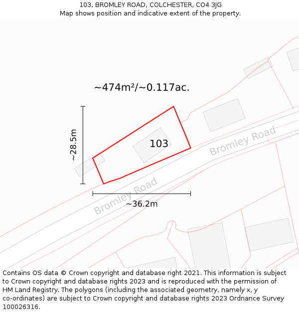 103, BROMLEY ROAD, COLCHESTER, CO4 3JG: Plot and title map