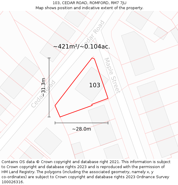 103, CEDAR ROAD, ROMFORD, RM7 7JU: Plot and title map