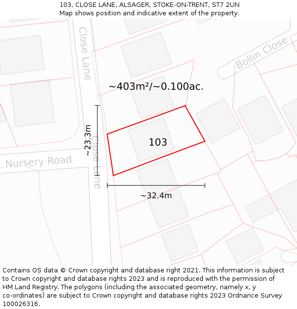 103, CLOSE LANE, ALSAGER, STOKE-ON-TRENT, ST7 2UN: Plot and title map