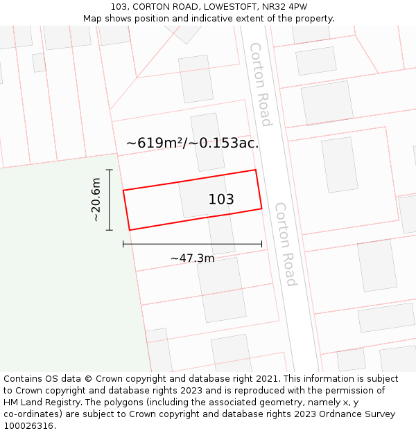 103, CORTON ROAD, LOWESTOFT, NR32 4PW: Plot and title map