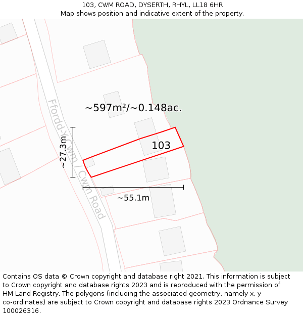 103, CWM ROAD, DYSERTH, RHYL, LL18 6HR: Plot and title map