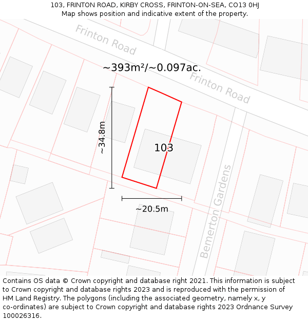 103, FRINTON ROAD, KIRBY CROSS, FRINTON-ON-SEA, CO13 0HJ: Plot and title map