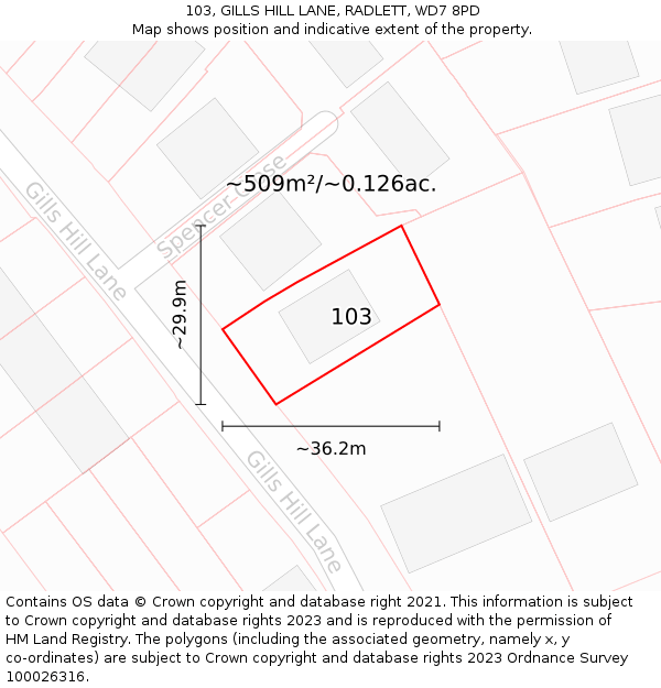 103, GILLS HILL LANE, RADLETT, WD7 8PD: Plot and title map