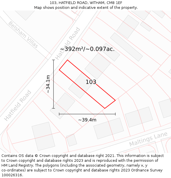 103, HATFIELD ROAD, WITHAM, CM8 1EF: Plot and title map