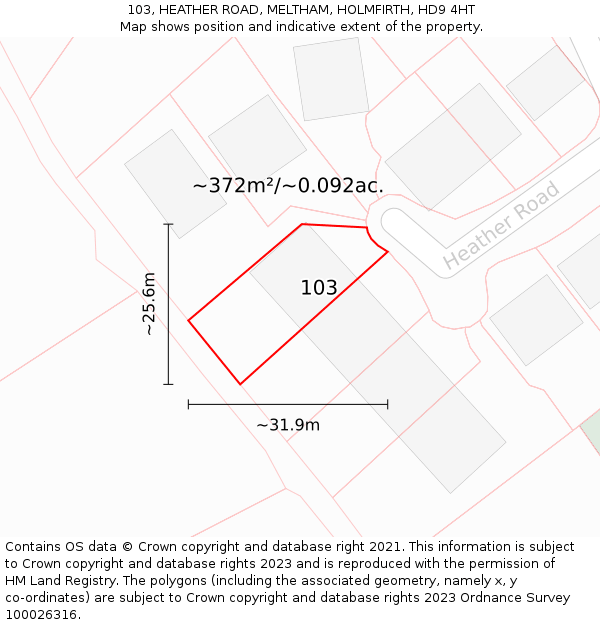 103, HEATHER ROAD, MELTHAM, HOLMFIRTH, HD9 4HT: Plot and title map