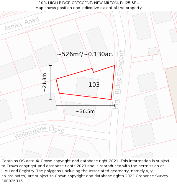 103, HIGH RIDGE CRESCENT, NEW MILTON, BH25 5BU: Plot and title map