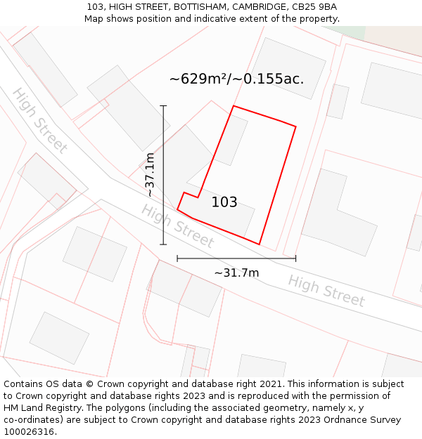 103, HIGH STREET, BOTTISHAM, CAMBRIDGE, CB25 9BA: Plot and title map