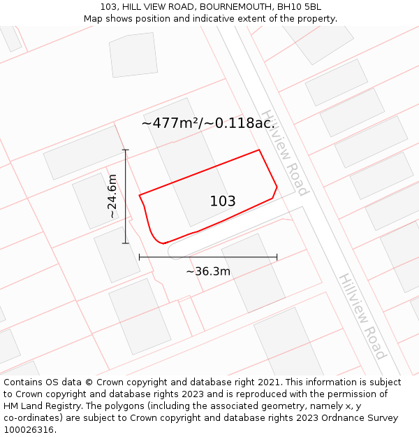 103, HILL VIEW ROAD, BOURNEMOUTH, BH10 5BL: Plot and title map