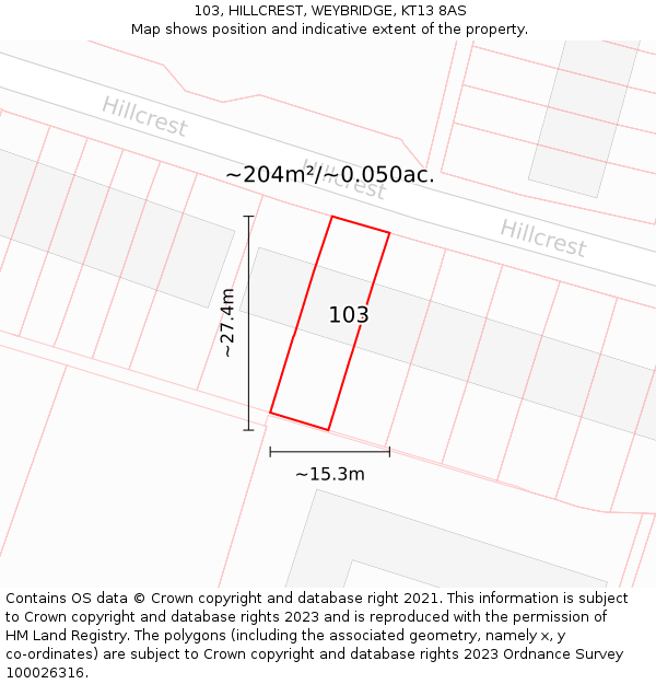 103, HILLCREST, WEYBRIDGE, KT13 8AS: Plot and title map