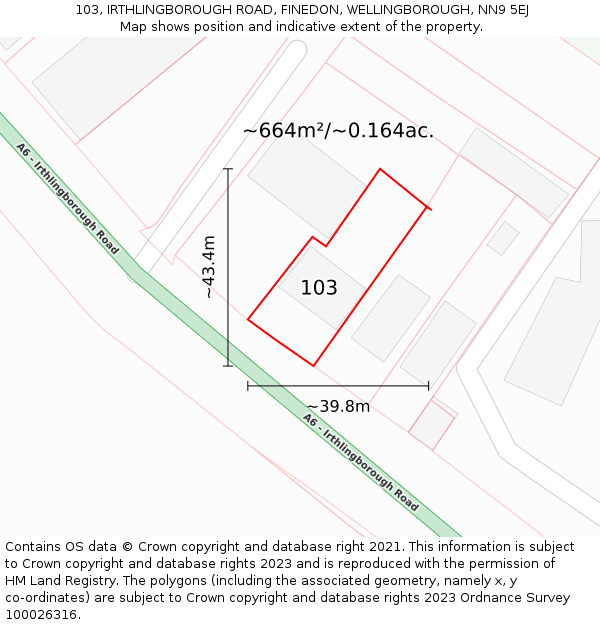 103, IRTHLINGBOROUGH ROAD, FINEDON, WELLINGBOROUGH, NN9 5EJ: Plot and title map