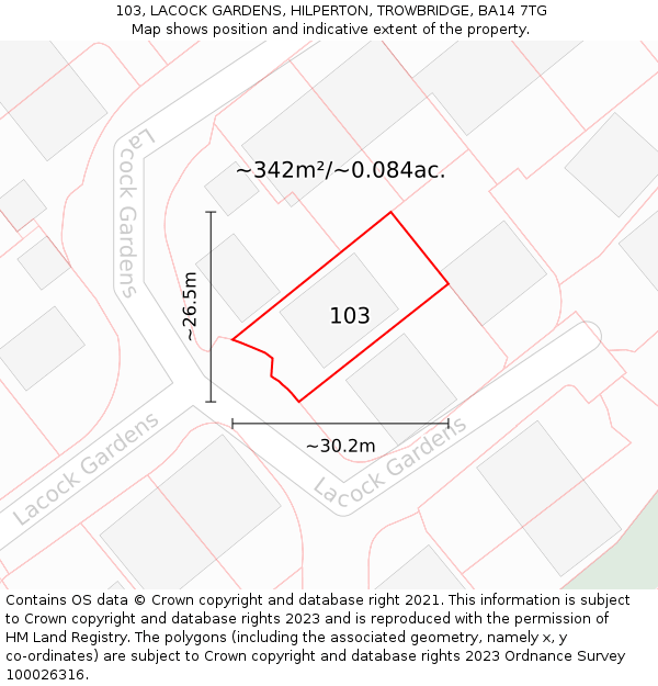 103, LACOCK GARDENS, HILPERTON, TROWBRIDGE, BA14 7TG: Plot and title map