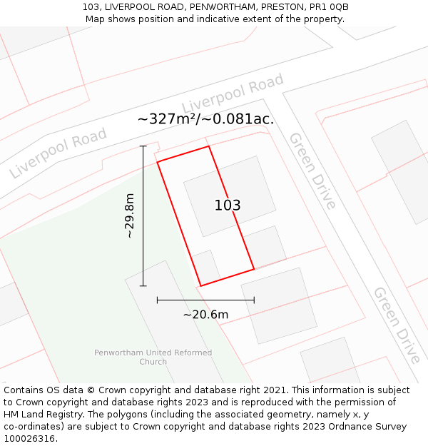 103, LIVERPOOL ROAD, PENWORTHAM, PRESTON, PR1 0QB: Plot and title map