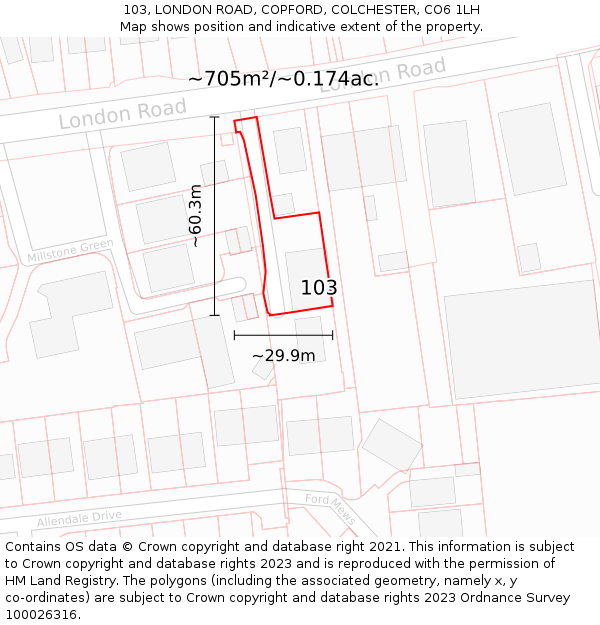 103, LONDON ROAD, COPFORD, COLCHESTER, CO6 1LH: Plot and title map