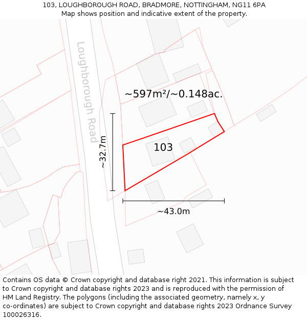 103, LOUGHBOROUGH ROAD, BRADMORE, NOTTINGHAM, NG11 6PA: Plot and title map