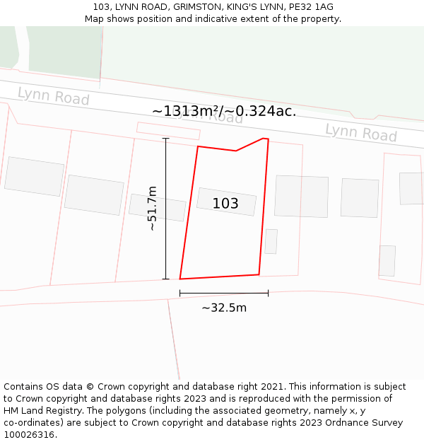 103, LYNN ROAD, GRIMSTON, KING'S LYNN, PE32 1AG: Plot and title map