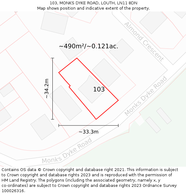 103, MONKS DYKE ROAD, LOUTH, LN11 8DN: Plot and title map