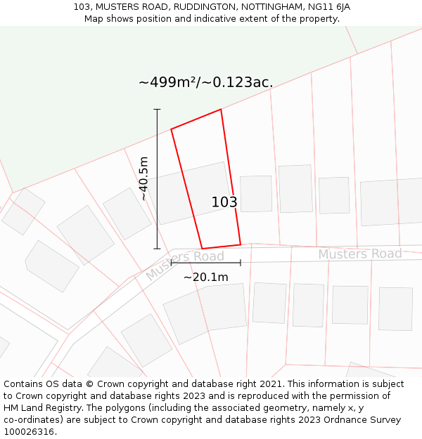 103, MUSTERS ROAD, RUDDINGTON, NOTTINGHAM, NG11 6JA: Plot and title map