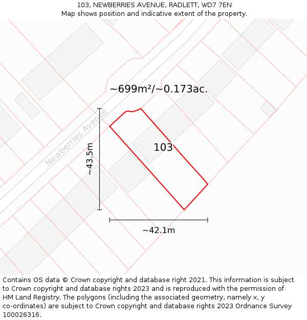 103, NEWBERRIES AVENUE, RADLETT, WD7 7EN: Plot and title map