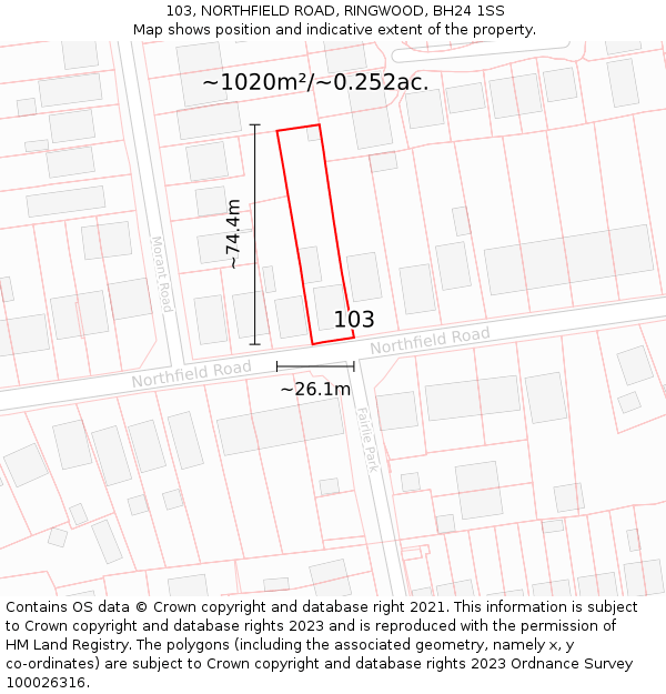 103, NORTHFIELD ROAD, RINGWOOD, BH24 1SS: Plot and title map