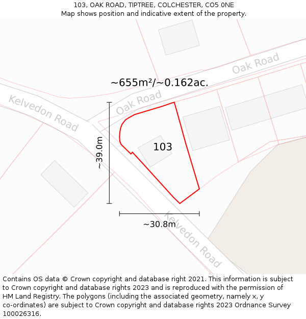 103, OAK ROAD, TIPTREE, COLCHESTER, CO5 0NE: Plot and title map