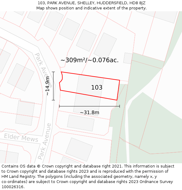 103, PARK AVENUE, SHELLEY, HUDDERSFIELD, HD8 8JZ: Plot and title map