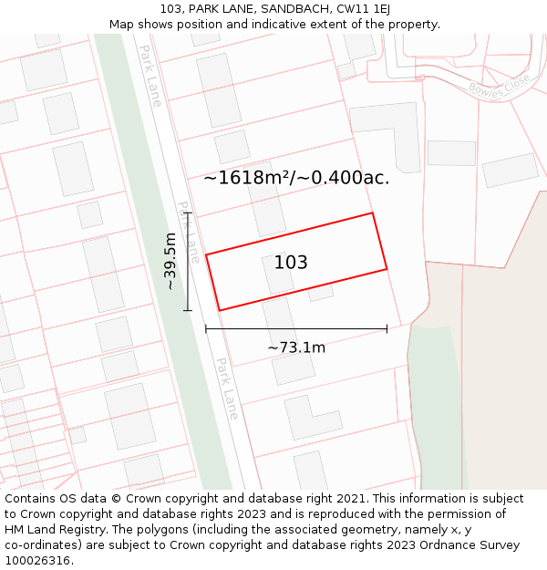 103, PARK LANE, SANDBACH, CW11 1EJ: Plot and title map