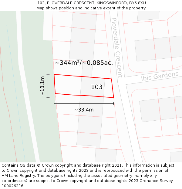 103, PLOVERDALE CRESCENT, KINGSWINFORD, DY6 8XU: Plot and title map