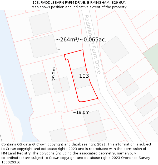 103, RADDLEBARN FARM DRIVE, BIRMINGHAM, B29 6UN: Plot and title map