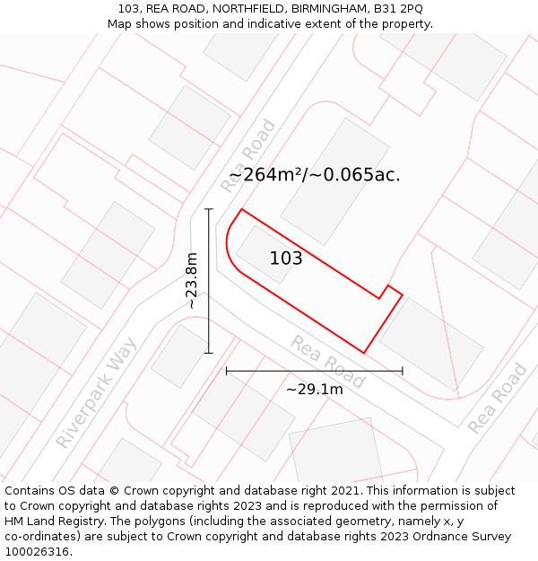 103, REA ROAD, NORTHFIELD, BIRMINGHAM, B31 2PQ: Plot and title map