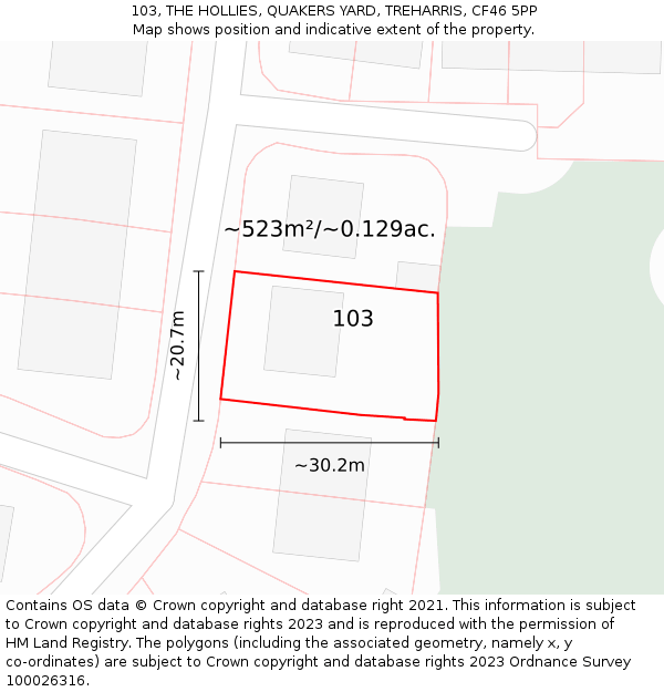 103, THE HOLLIES, QUAKERS YARD, TREHARRIS, CF46 5PP: Plot and title map