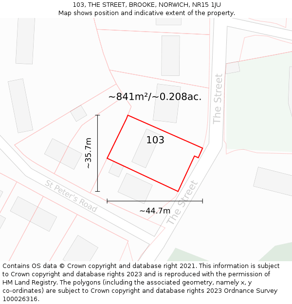 103, THE STREET, BROOKE, NORWICH, NR15 1JU: Plot and title map