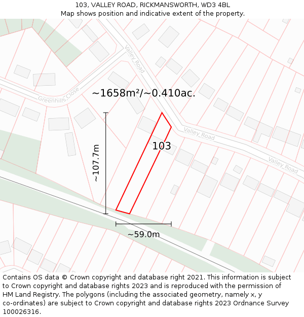 103, VALLEY ROAD, RICKMANSWORTH, WD3 4BL: Plot and title map