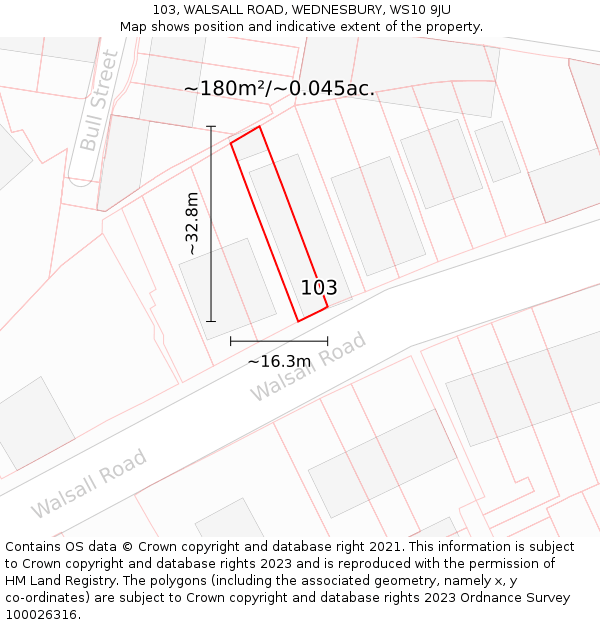 103, WALSALL ROAD, WEDNESBURY, WS10 9JU: Plot and title map
