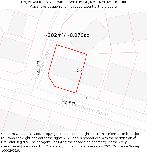 103, WEAVERTHORPE ROAD, WOODTHORPE, NOTTINGHAM, NG5 4PU: Plot and title map