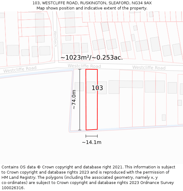 103, WESTCLIFFE ROAD, RUSKINGTON, SLEAFORD, NG34 9AX: Plot and title map