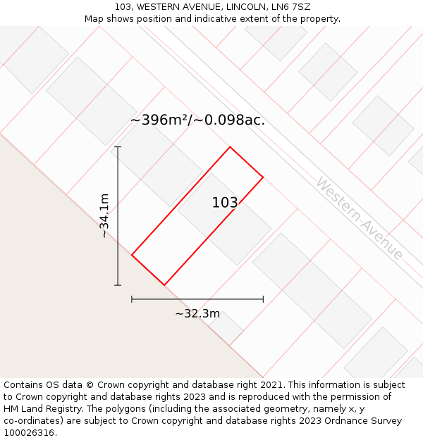 103, WESTERN AVENUE, LINCOLN, LN6 7SZ: Plot and title map