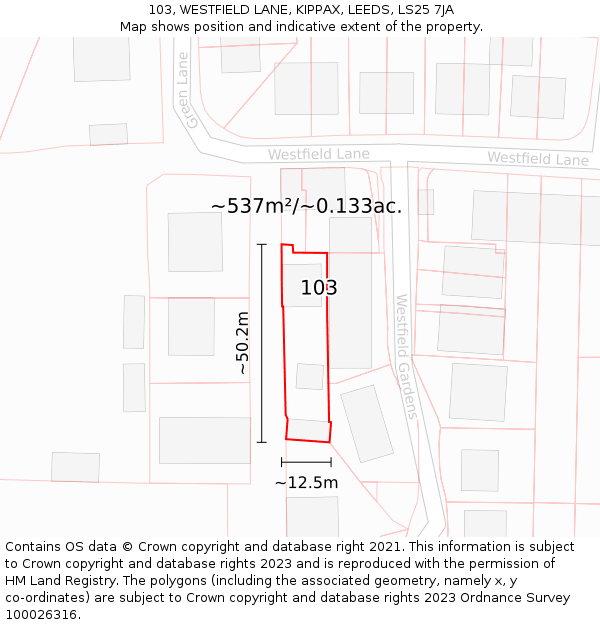 103, WESTFIELD LANE, KIPPAX, LEEDS, LS25 7JA: Plot and title map