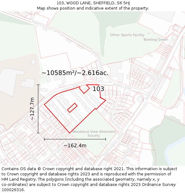 103, WOOD LANE, SHEFFIELD, S6 5HJ: Plot and title map