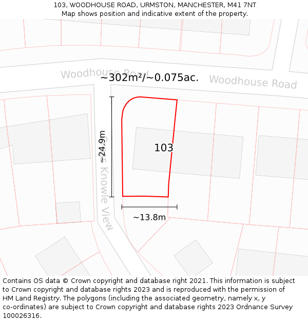 103, WOODHOUSE ROAD, URMSTON, MANCHESTER, M41 7NT: Plot and title map