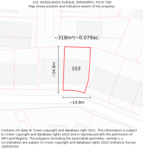 103, WOODLANDS AVENUE, EMSWORTH, PO10 7QD: Plot and title map