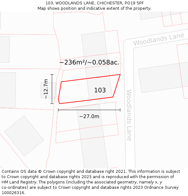 103, WOODLANDS LANE, CHICHESTER, PO19 5PF: Plot and title map