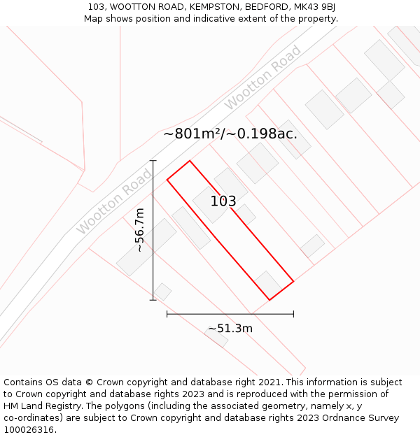 103, WOOTTON ROAD, KEMPSTON, BEDFORD, MK43 9BJ: Plot and title map