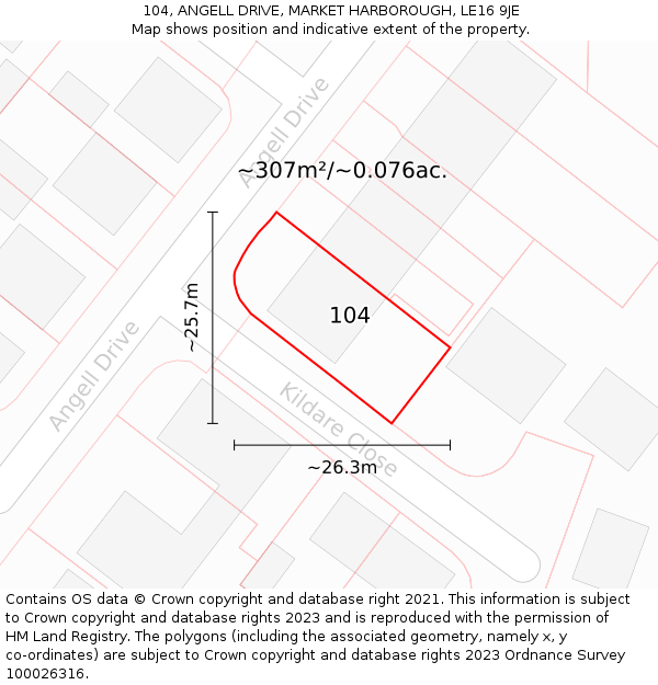 104, ANGELL DRIVE, MARKET HARBOROUGH, LE16 9JE: Plot and title map