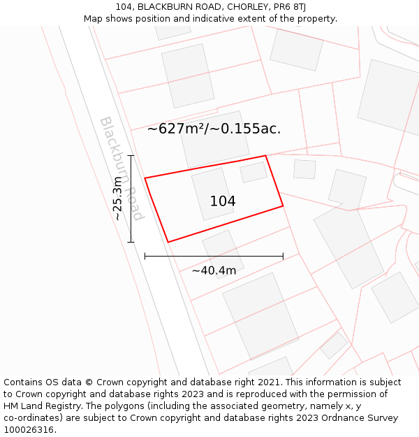 104, BLACKBURN ROAD, CHORLEY, PR6 8TJ: Plot and title map