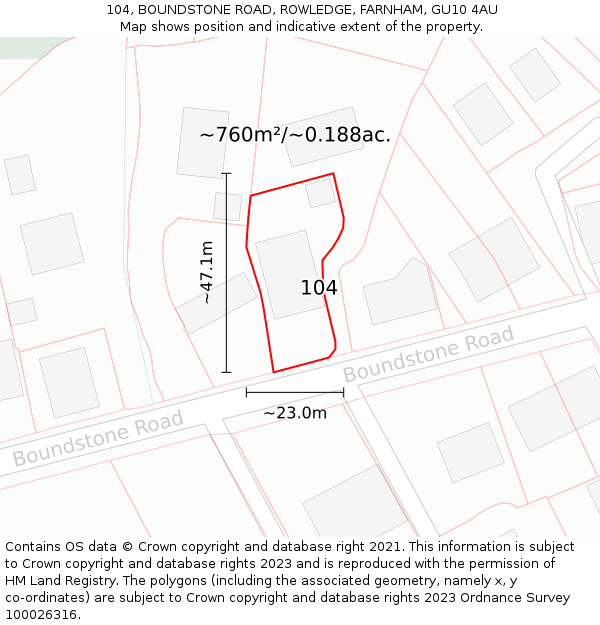 104, BOUNDSTONE ROAD, ROWLEDGE, FARNHAM, GU10 4AU: Plot and title map