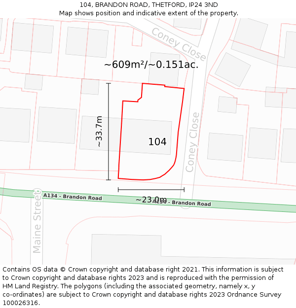 104, BRANDON ROAD, THETFORD, IP24 3ND: Plot and title map