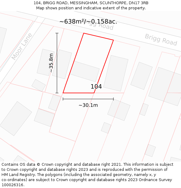 104, BRIGG ROAD, MESSINGHAM, SCUNTHORPE, DN17 3RB: Plot and title map