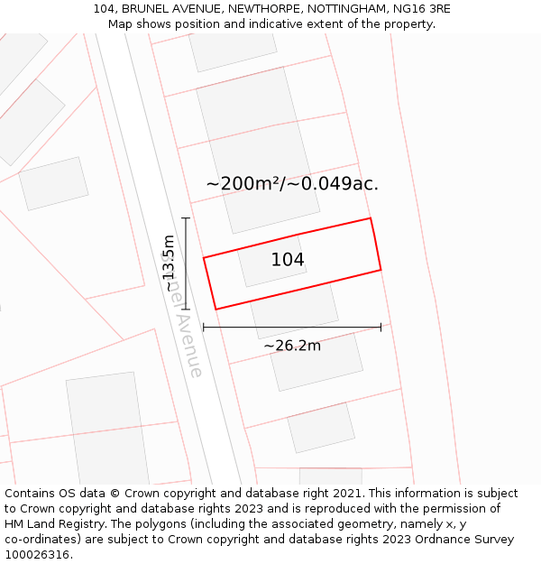 104, BRUNEL AVENUE, NEWTHORPE, NOTTINGHAM, NG16 3RE: Plot and title map