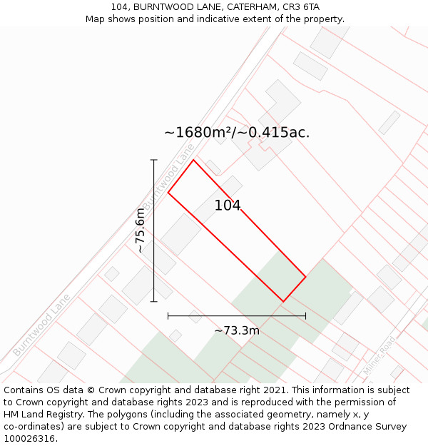 104, BURNTWOOD LANE, CATERHAM, CR3 6TA: Plot and title map